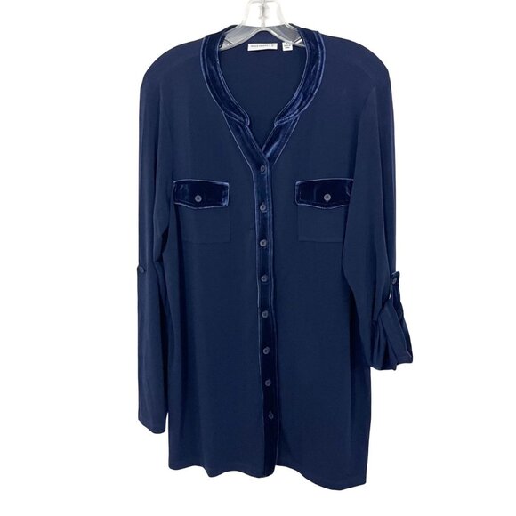 Susan Graver Navy Blue Liquid Knit Velvet Trim Top - Size Large - Picture 1 of 7